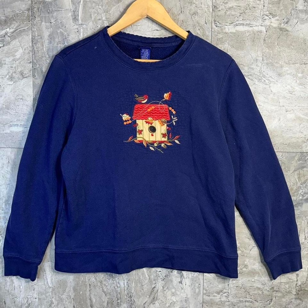 Navy blue‎ embroidered birdhouse sweatshirt with a vintage vibe Woman's Medium